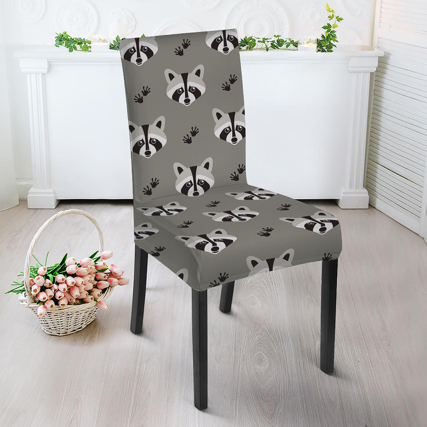Grey Raccoon Pattern Print Dining Chair Slipcover