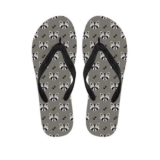 Grey Raccoon Pattern Print Flip Flops