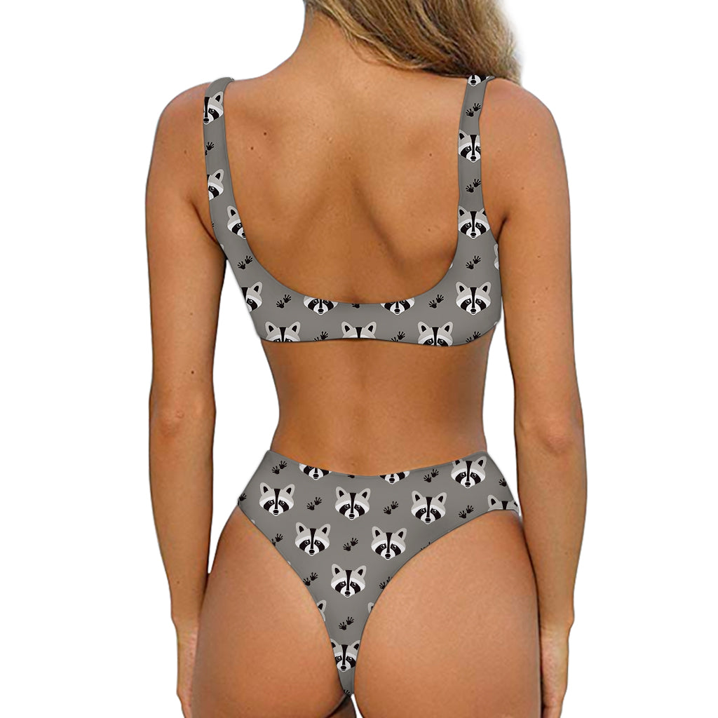 Grey Raccoon Pattern Print Front Bow Tie Bikini