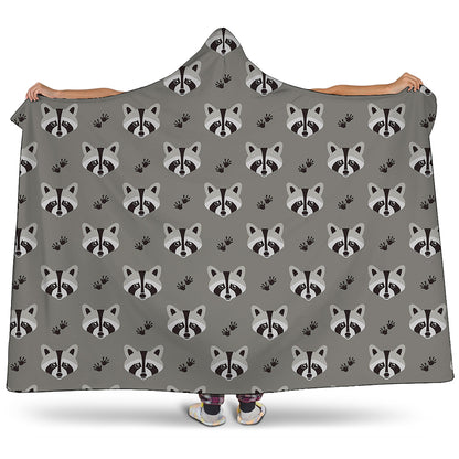 Grey Raccoon Pattern Print Hooded Blanket