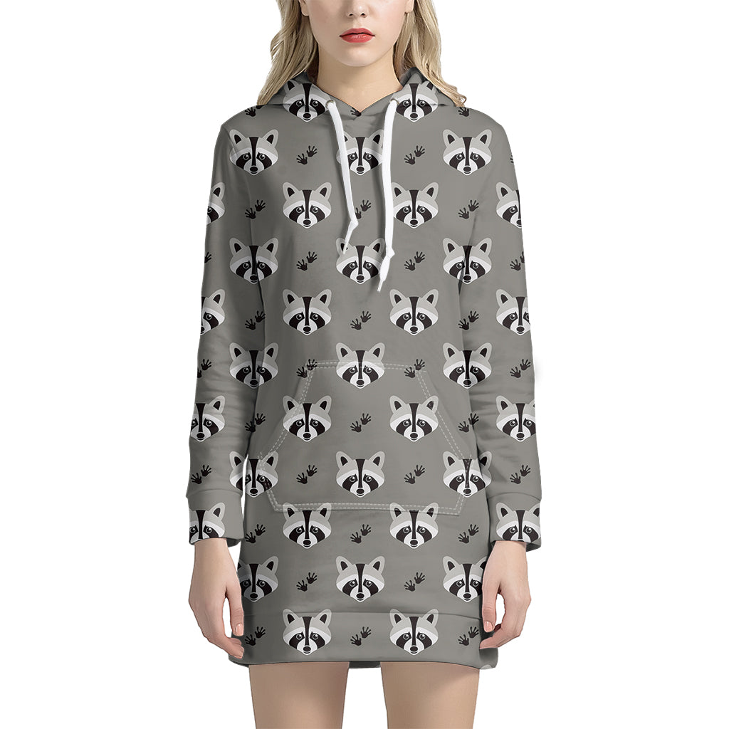 Grey Raccoon Pattern Print Hoodie Dress