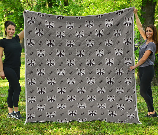Grey Raccoon Pattern Print Quilt