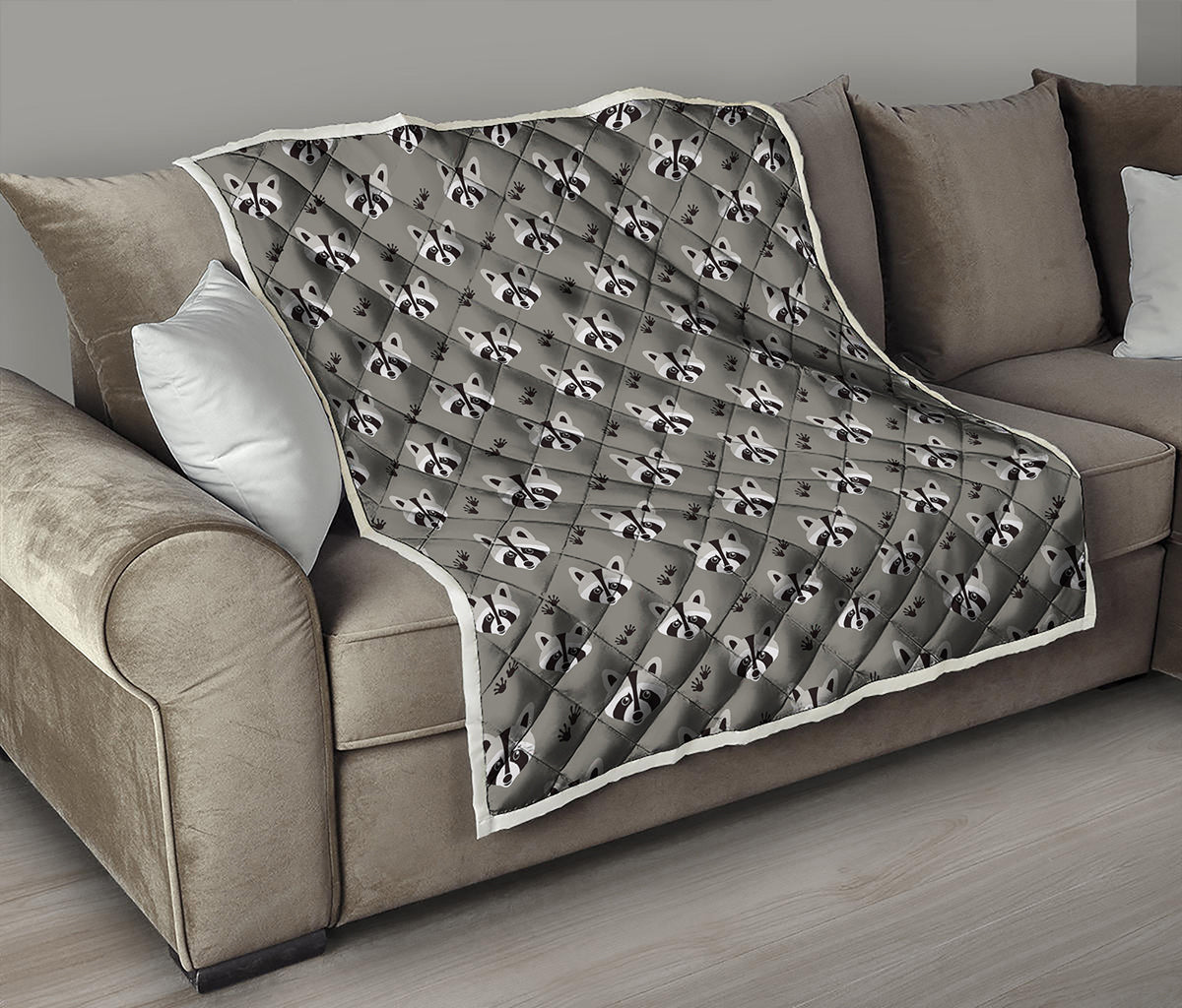 Grey Raccoon Pattern Print Quilt