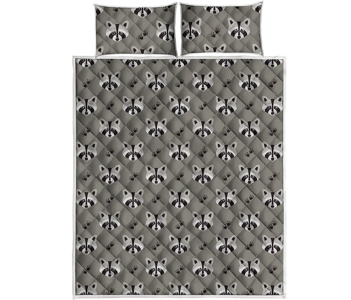 Grey Raccoon Pattern Print Quilt Bed Set
