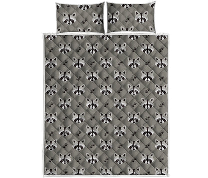 Grey Raccoon Pattern Print Quilt Bed Set