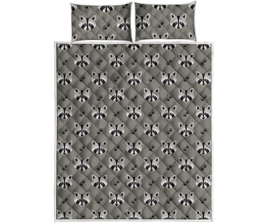 Grey Raccoon Pattern Print Quilt Bed Set