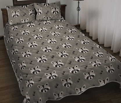 Grey Raccoon Pattern Print Quilt Bed Set