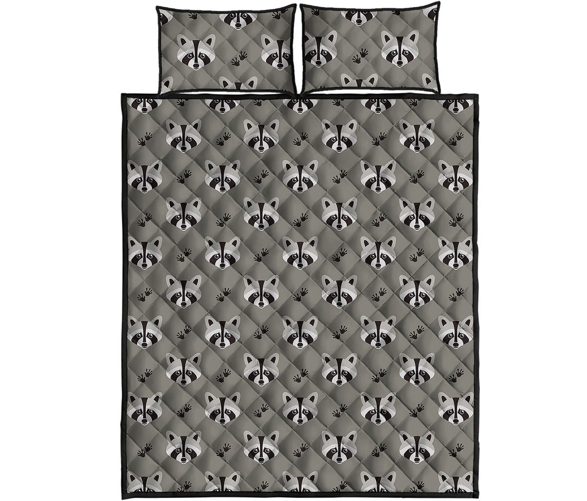 Grey Raccoon Pattern Print Quilt Bed Set