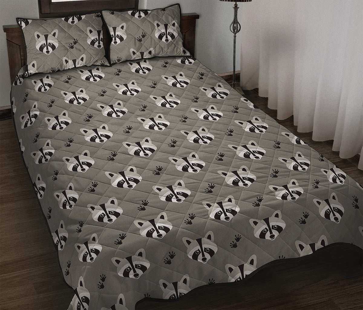 Grey Raccoon Pattern Print Quilt Bed Set