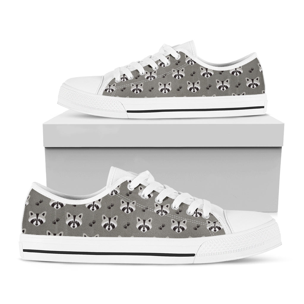 Grey Raccoon Pattern Print White Low Top Shoes