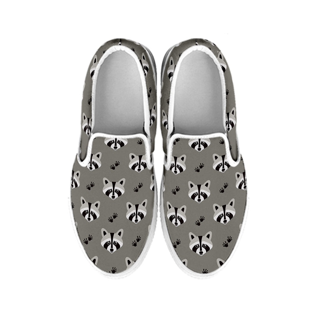Grey Raccoon Pattern Print White Slip On Shoes
