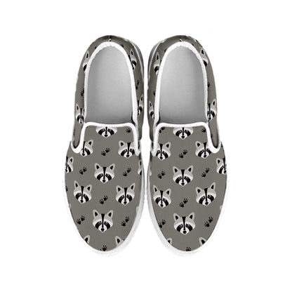 Grey Raccoon Pattern Print White Slip On Shoes