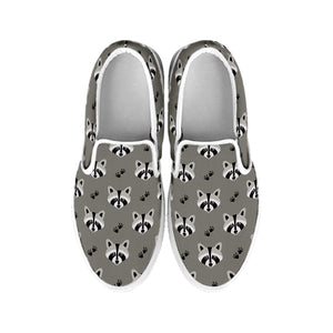 Grey Raccoon Pattern Print White Slip On Shoes