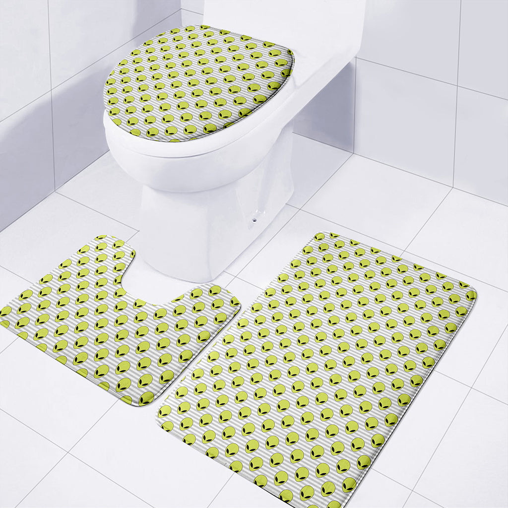 Grey Striped Alien Pattern Print 3 Piece Bath Mat Set