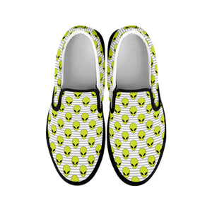 Grey Striped Alien Pattern Print Black Slip On Shoes