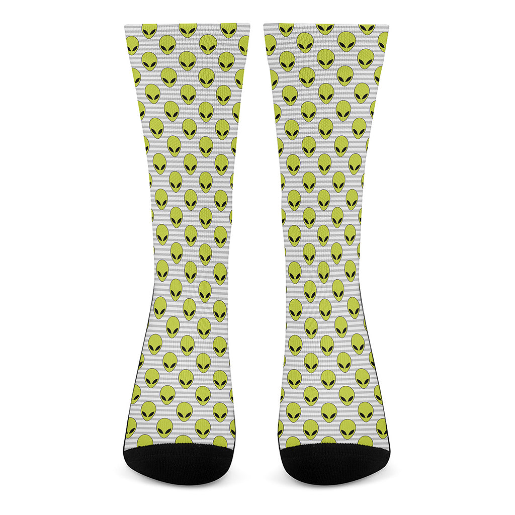 Grey Striped Alien Pattern Print Crew Socks