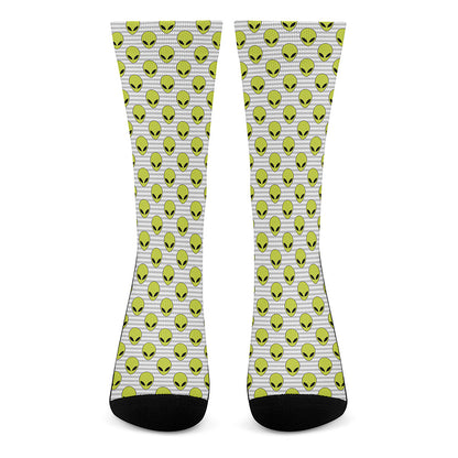 Grey Striped Alien Pattern Print Crew Socks
