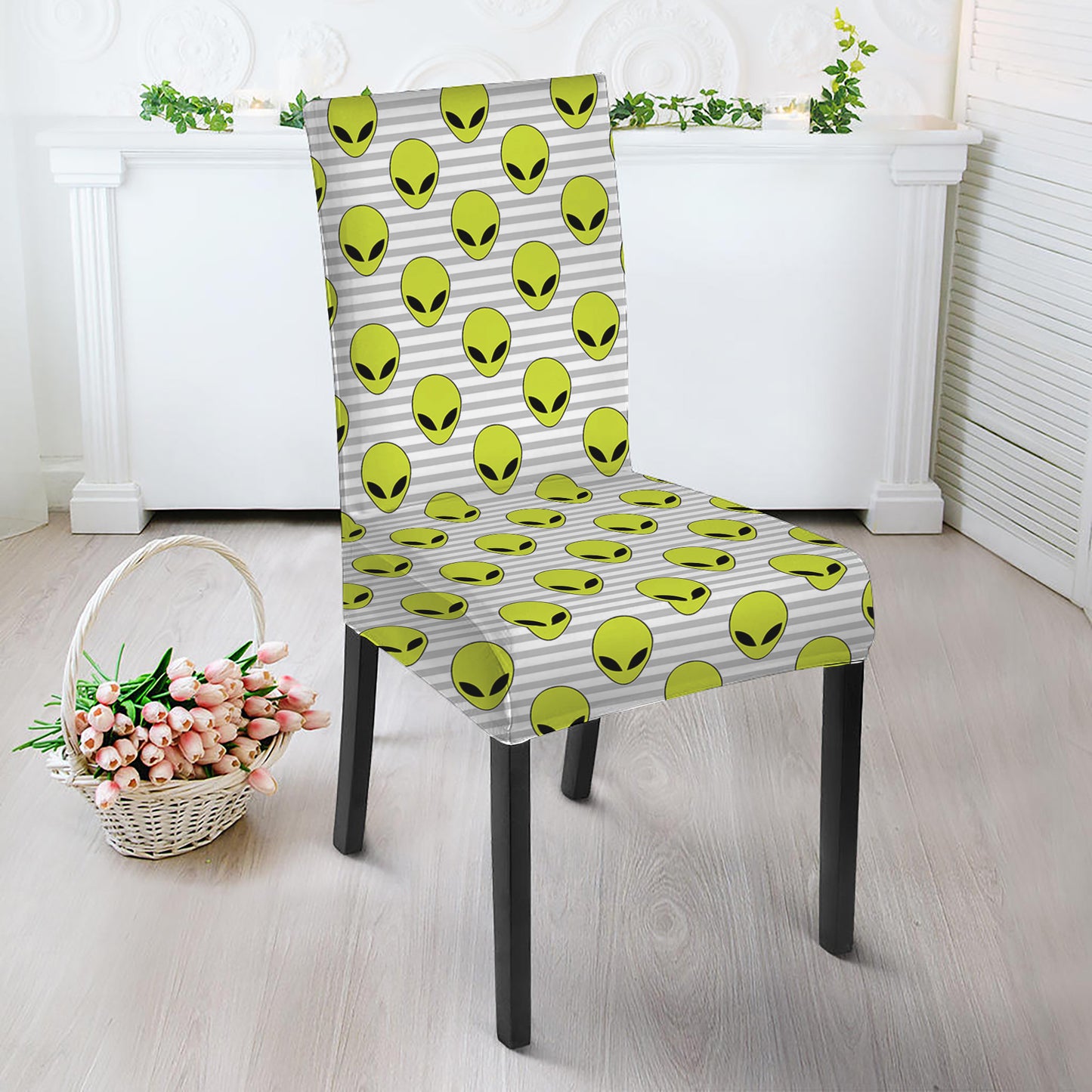 Grey Striped Alien Pattern Print Dining Chair Slipcover