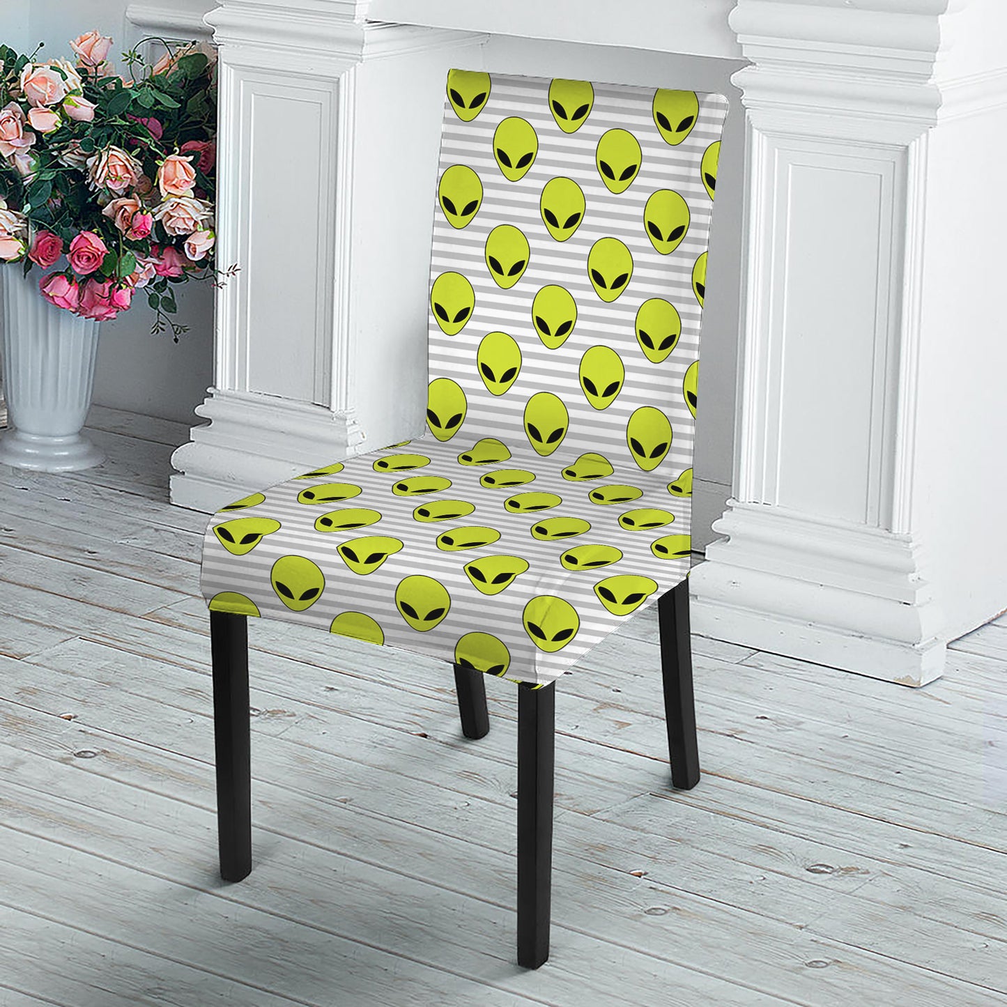 Grey Striped Alien Pattern Print Dining Chair Slipcover
