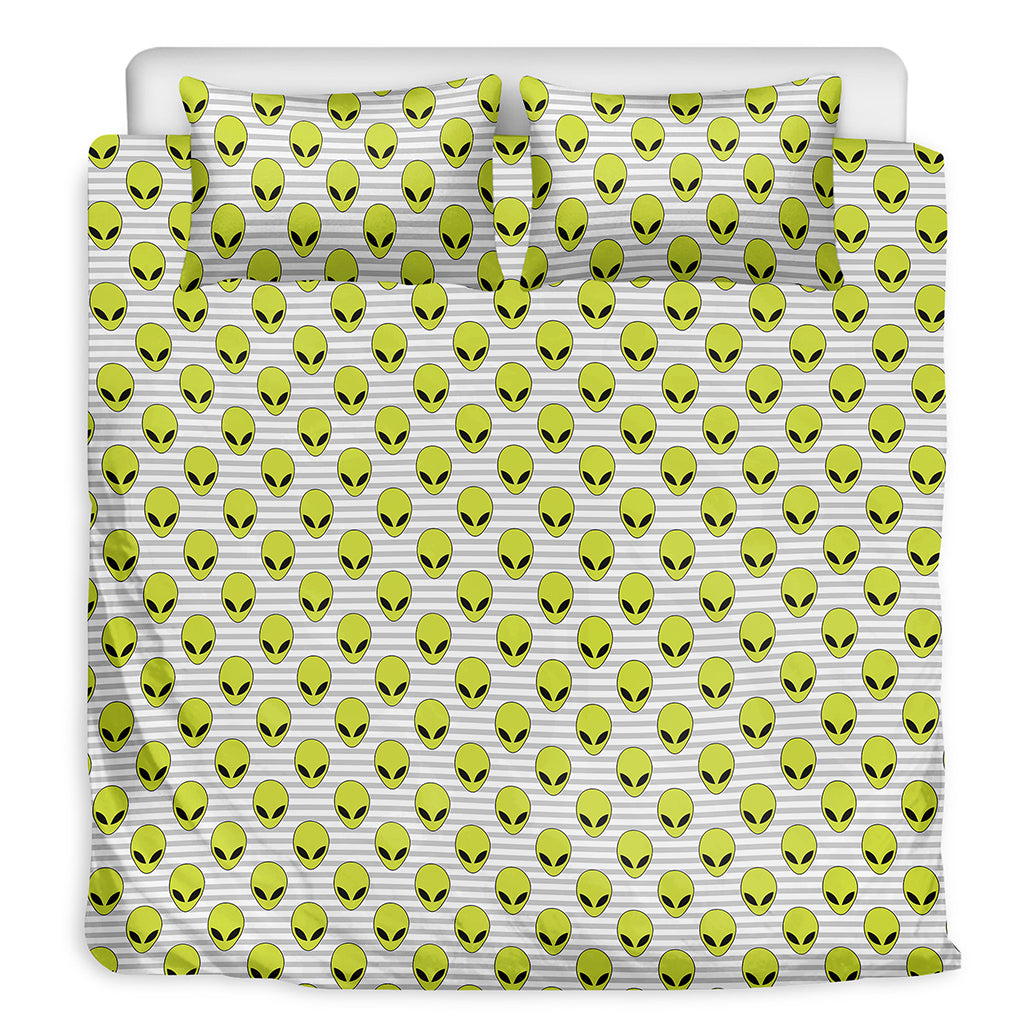 Grey Striped Alien Pattern Print Duvet Cover Bedding Set