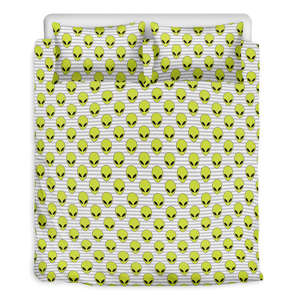 Grey Striped Alien Pattern Print Duvet Cover Bedding Set