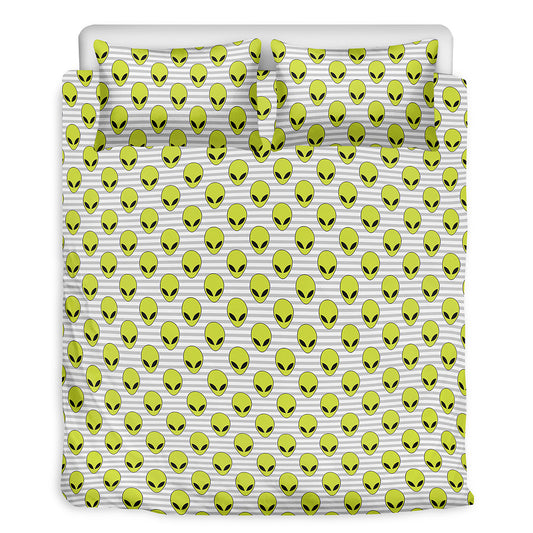 Grey Striped Alien Pattern Print Duvet Cover Bedding Set