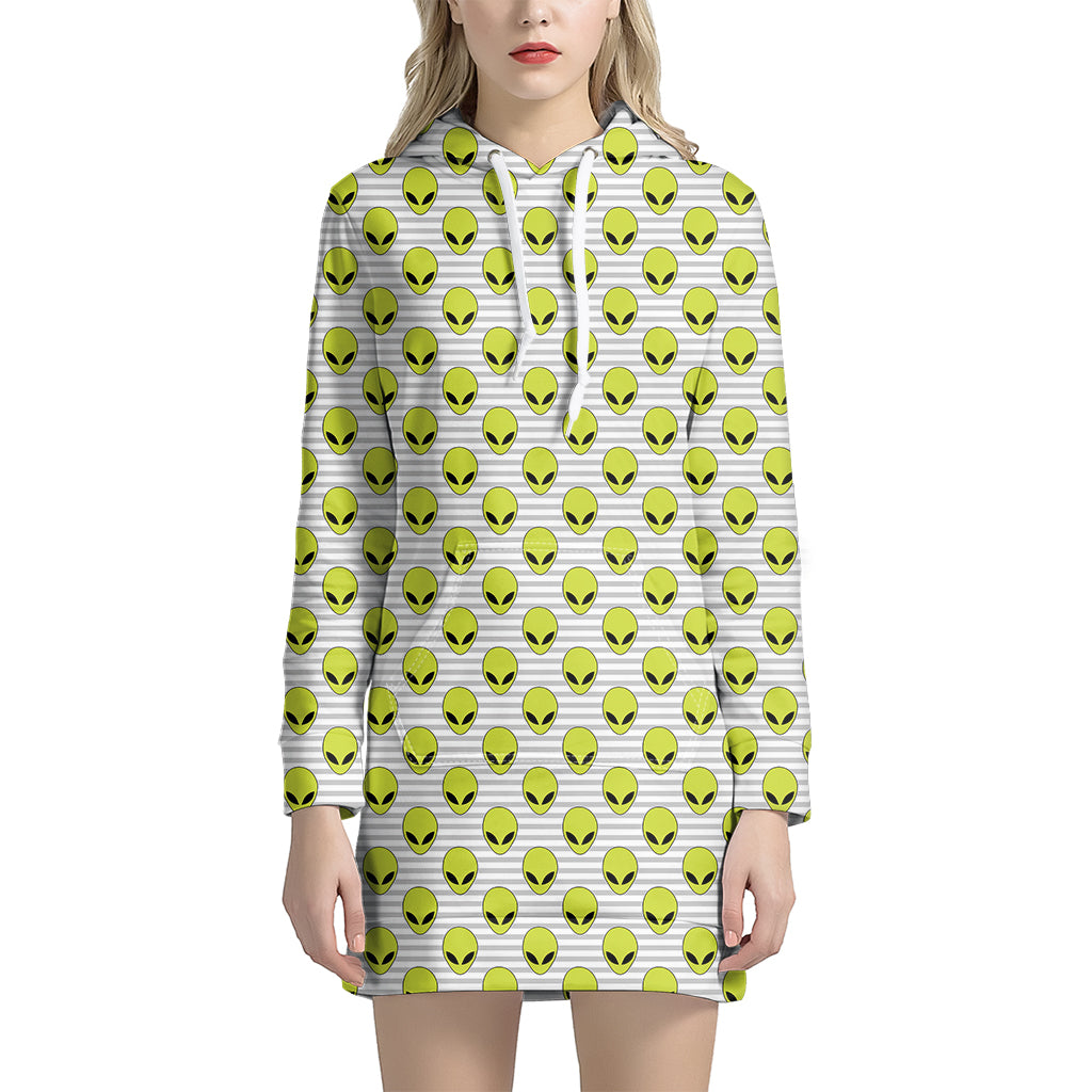 Grey Striped Alien Pattern Print Hoodie Dress