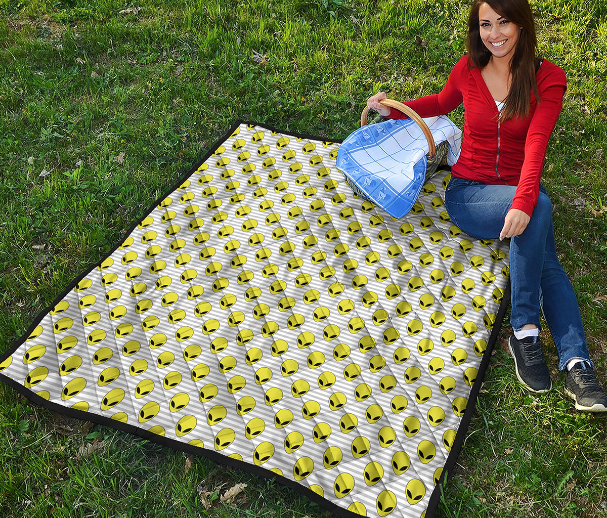 Grey Striped Alien Pattern Print Quilt