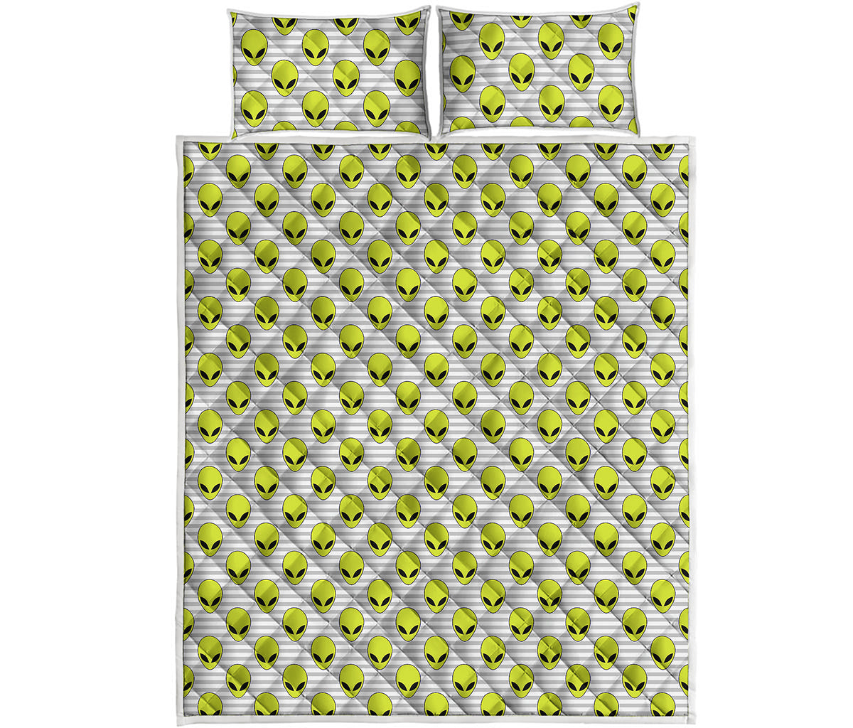 Grey Striped Alien Pattern Print Quilt Bed Set