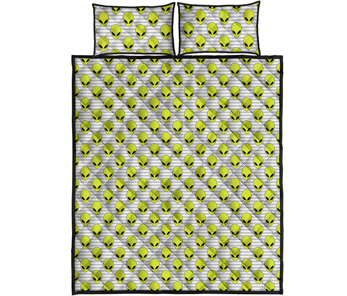 Grey Striped Alien Pattern Print Quilt Bed Set