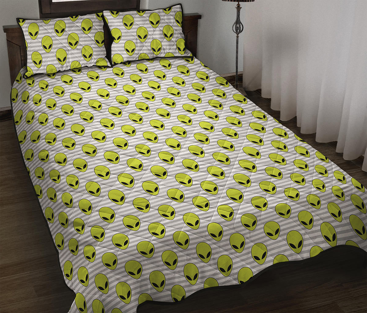Grey Striped Alien Pattern Print Quilt Bed Set