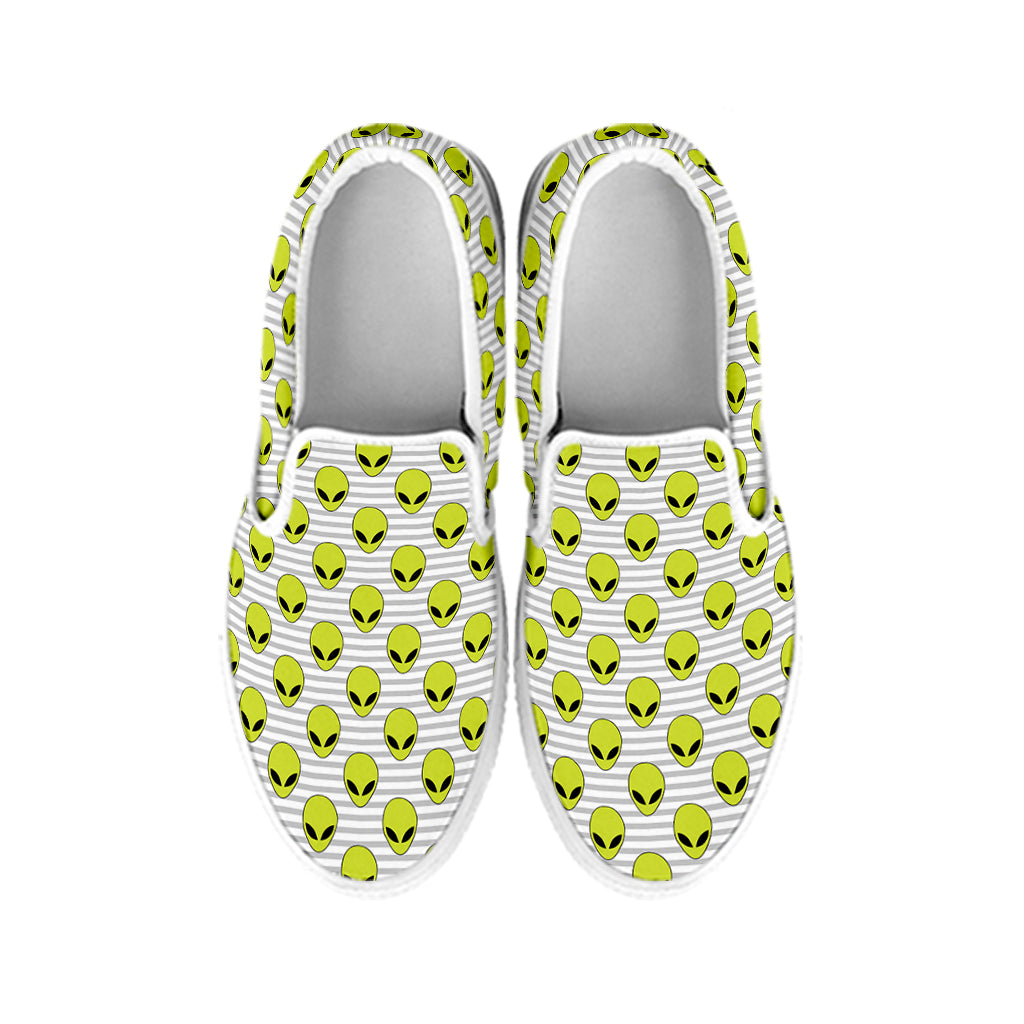 Grey Striped Alien Pattern Print White Slip On Shoes