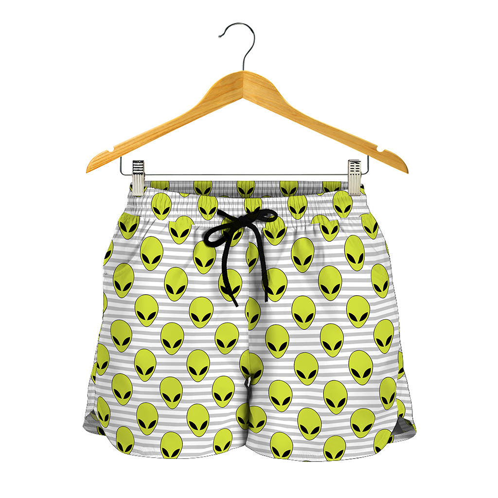 Grey Striped Alien Pattern Print Women's Shorts