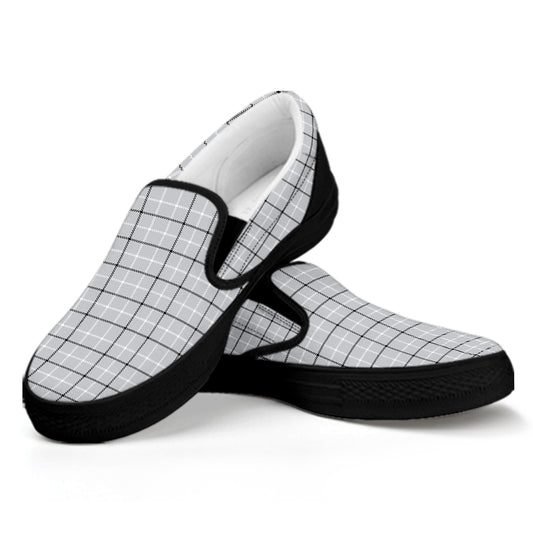 Grey Tattersall Pattern Print Black Slip On Shoes