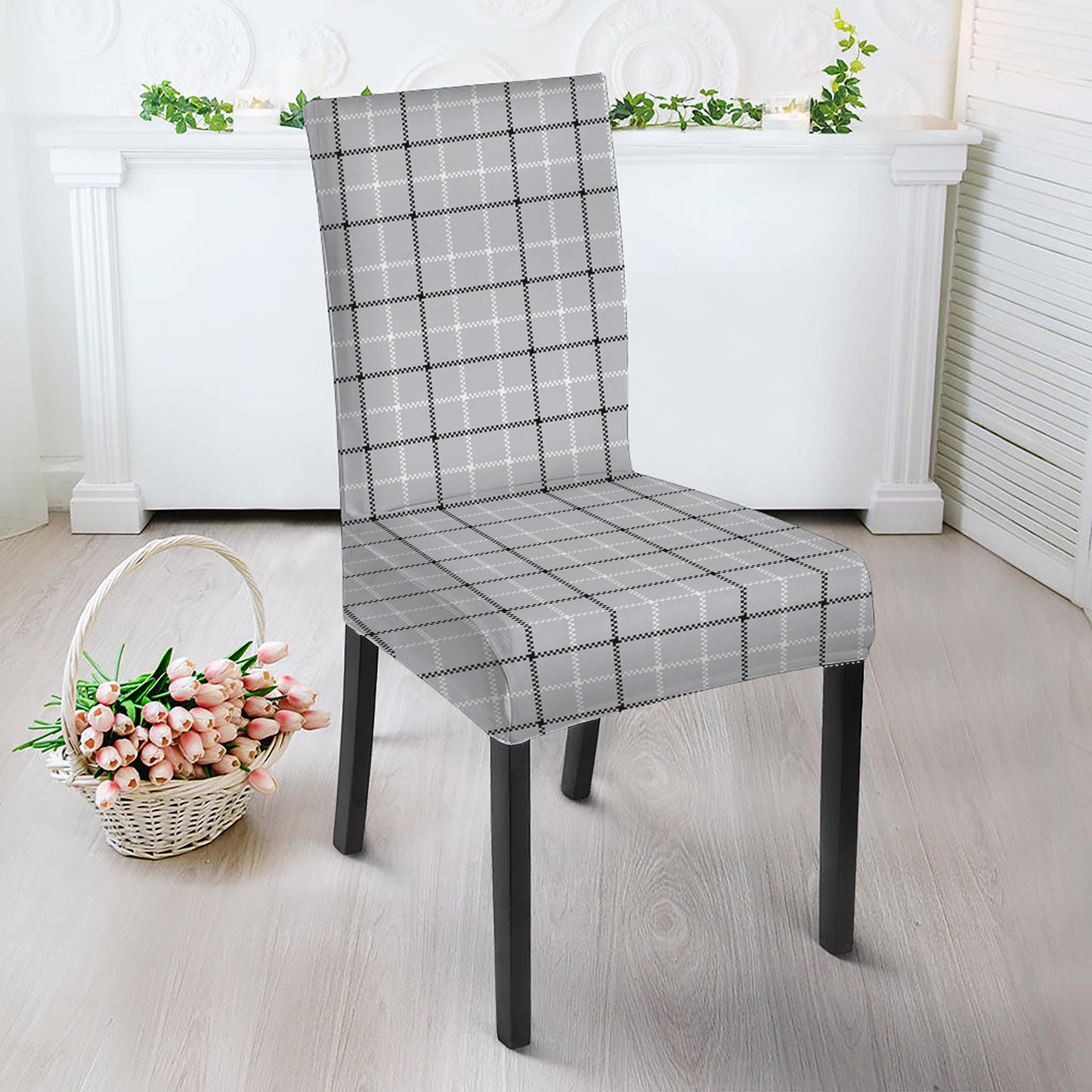 Grey Tattersall Pattern Print Dining Chair Slipcover