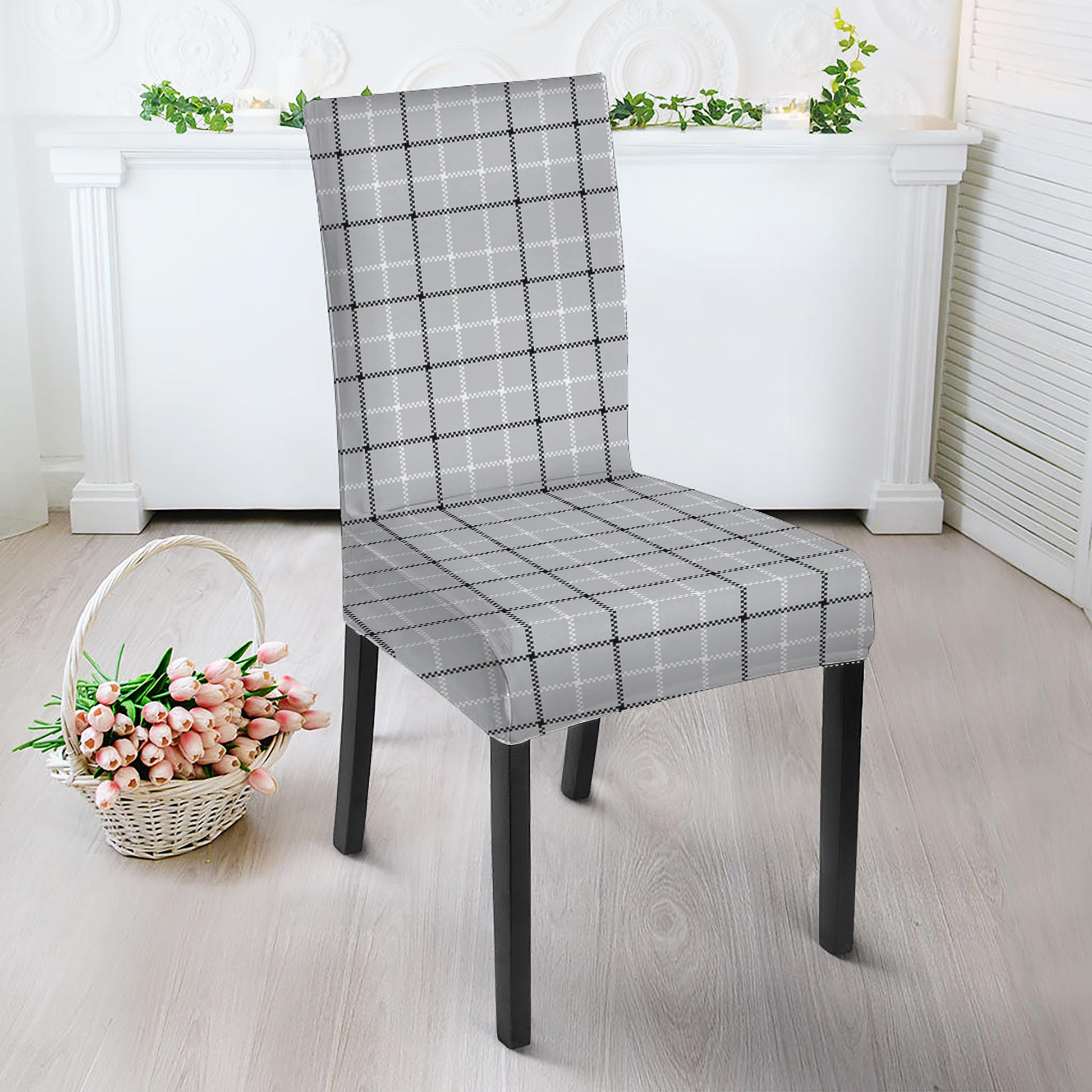 Grey Tattersall Pattern Print Dining Chair Slipcover