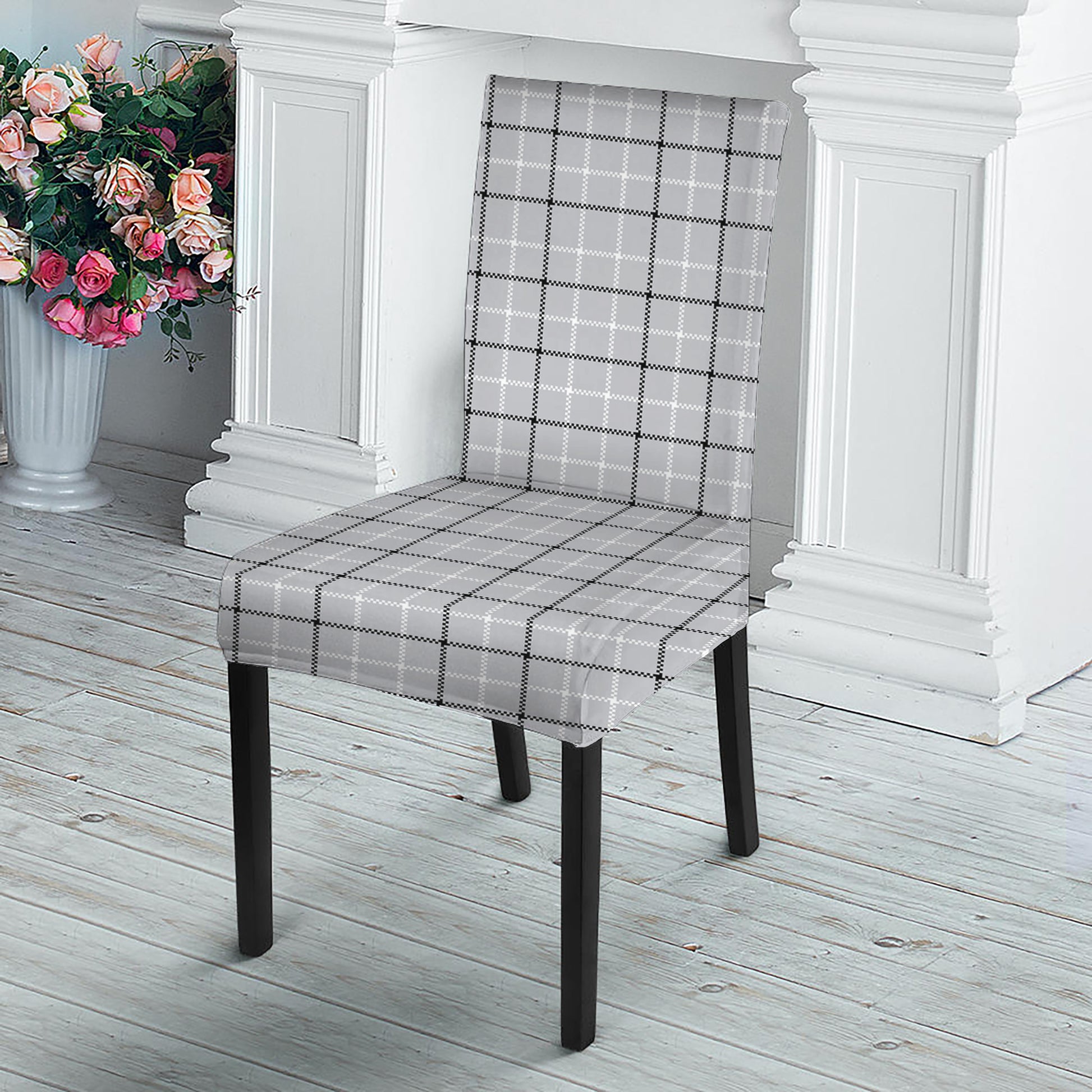 Grey Tattersall Pattern Print Dining Chair Slipcover