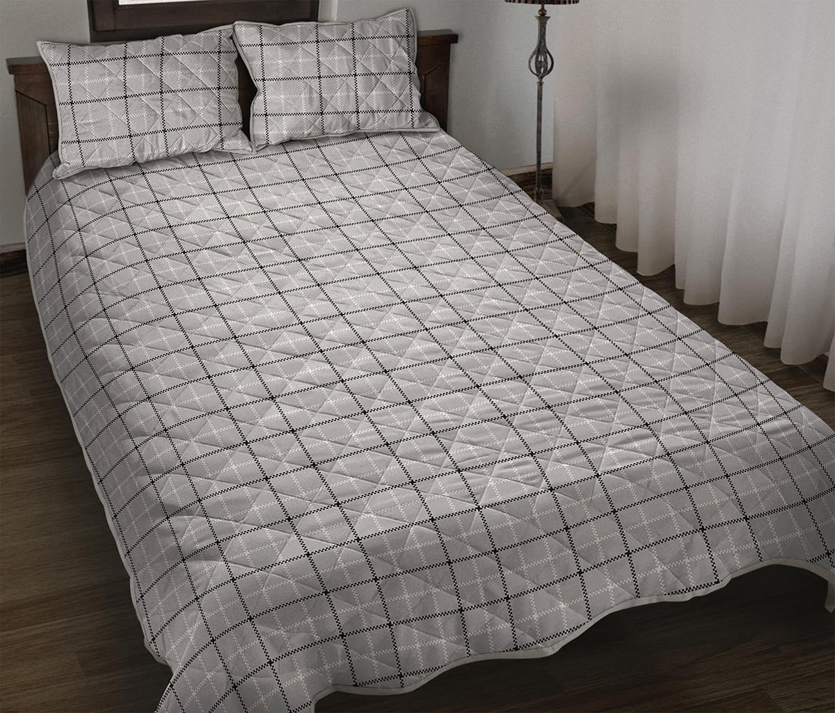 Grey Tattersall Pattern Print Quilt Bed Set