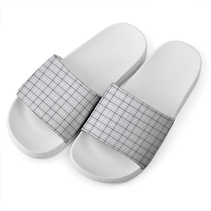 Grey Tattersall Pattern Print White Slide Sandals