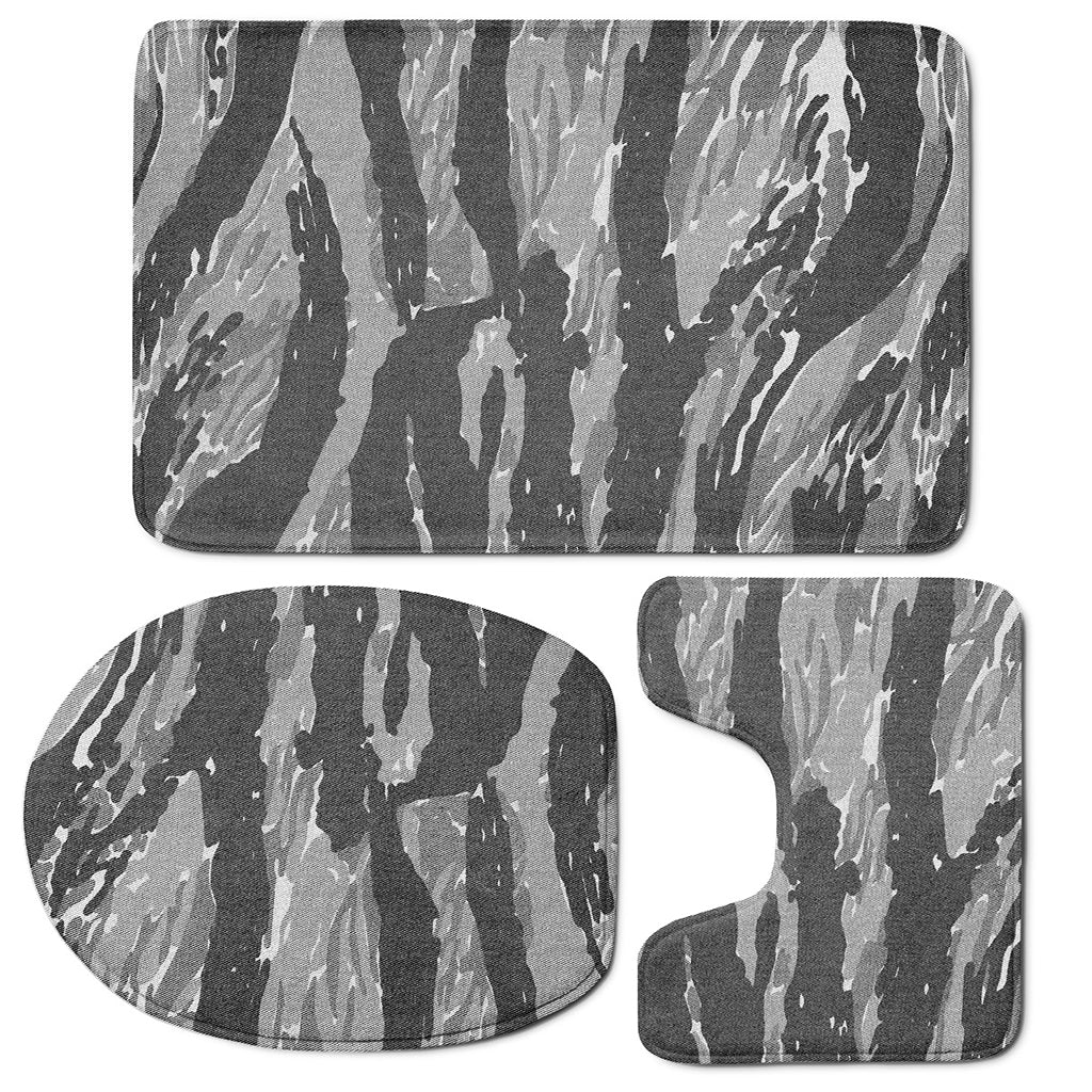 Grey Tiger Stripe Camouflage Print 3 Piece Bath Mat Set