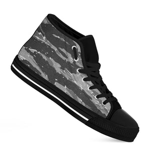 Grey Tiger Stripe Camouflage Print Black High Top Shoes