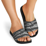 Grey Tiger Stripe Camouflage Print Black Slide Sandals