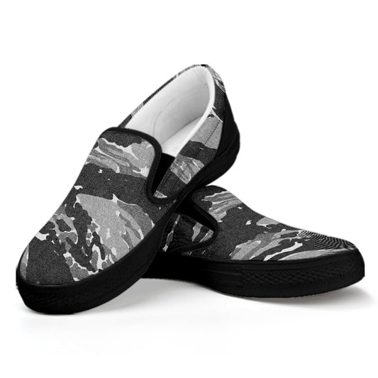 Grey Tiger Stripe Camouflage Print Black Slip On Shoes