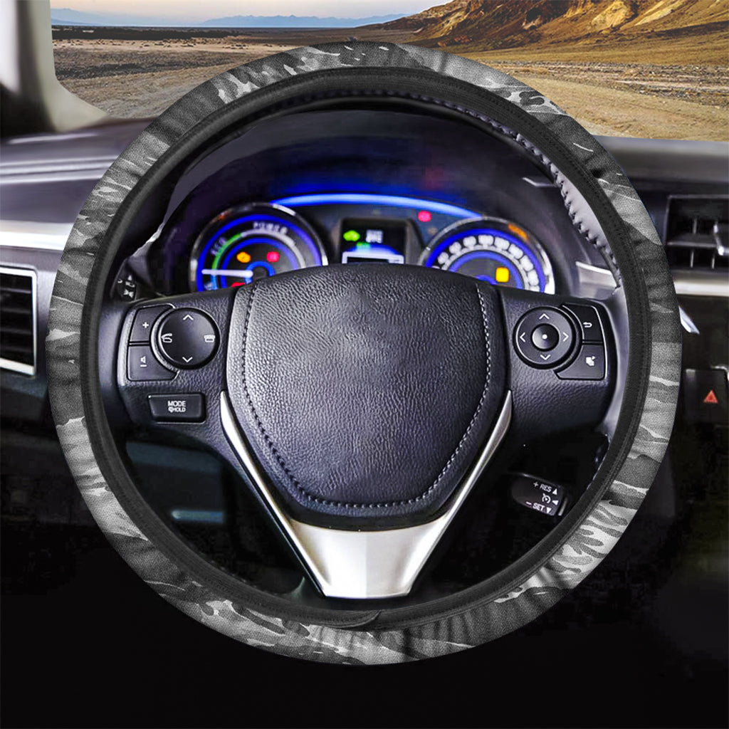 Grey Tiger Stripe Camouflage Print Car Steering Wheel Cover