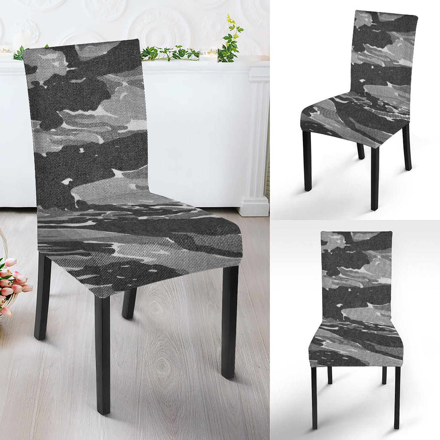 Grey Tiger Stripe Camouflage Print Dining Chair Slipcover