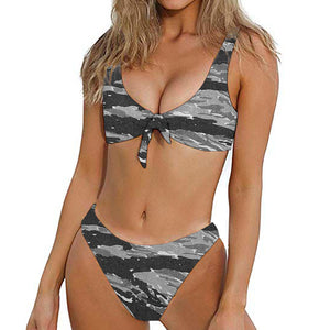 Grey Tiger Stripe Camouflage Print Front Bow Tie Bikini