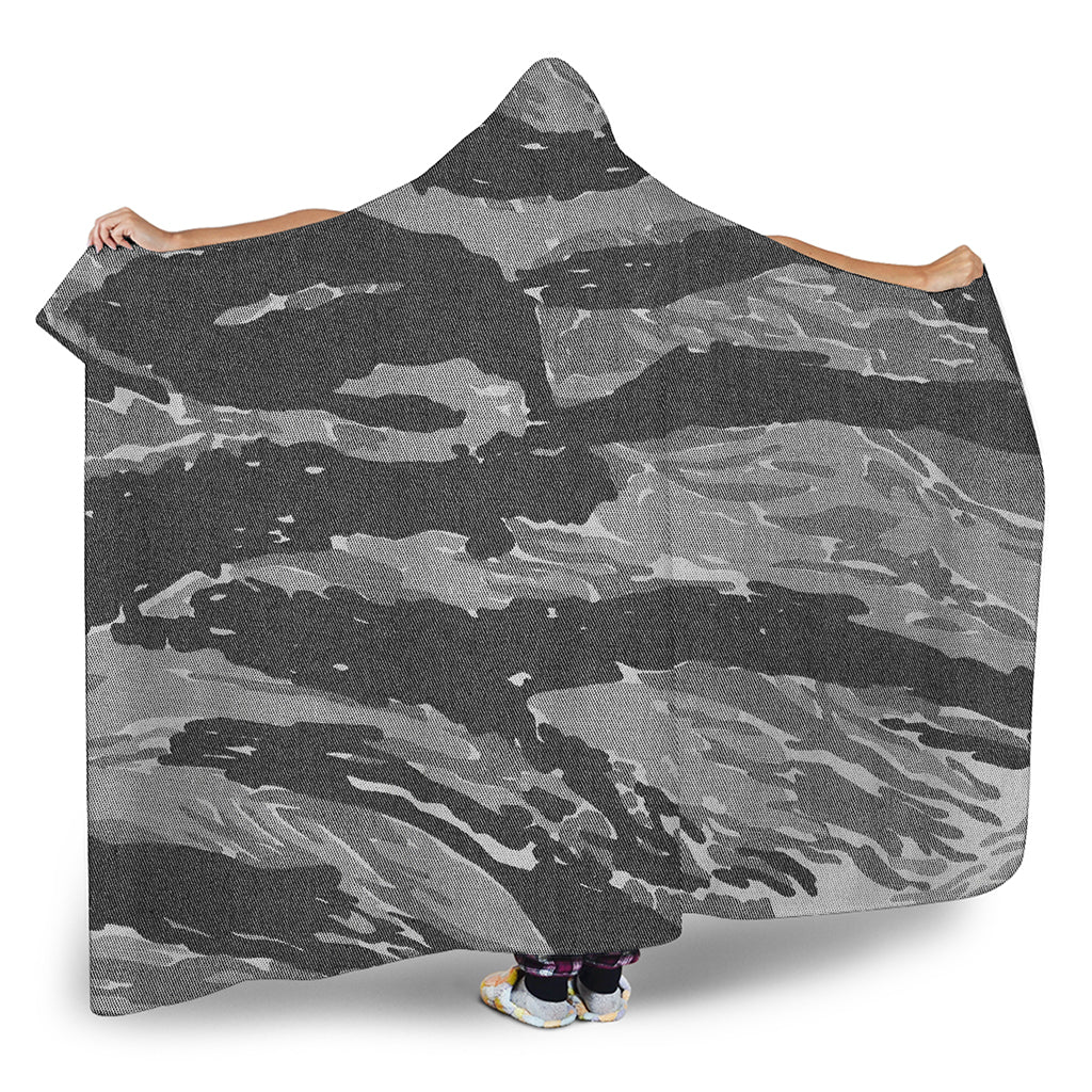 Grey Tiger Stripe Camouflage Print Hooded Blanket
