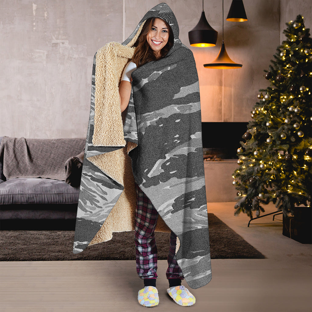 Grey Tiger Stripe Camouflage Print Hooded Blanket