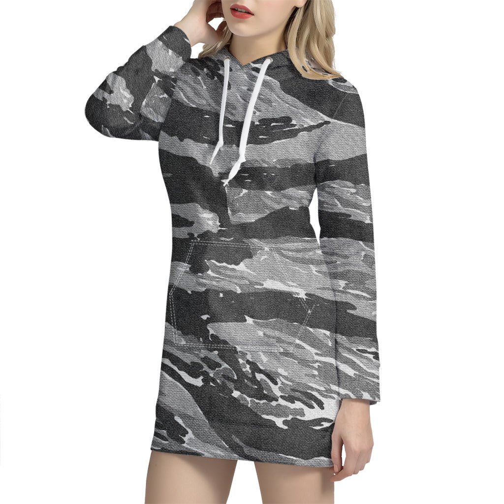 Grey Tiger Stripe Camouflage Print Hoodie Dress