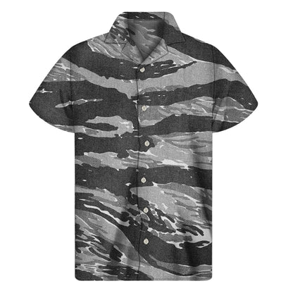 Grey Tiger Stripe Camouflage Print Men's Short Sleeve Shirt